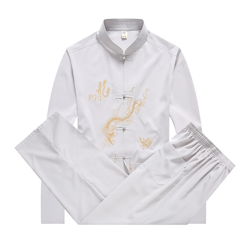 Pánsky Tang kostým s drakom vyšívaným, dlhé rukávy, Taiji štýl, čínsky vietor, 100% polyester, jar–jeseň, voľnočasové oblečenie