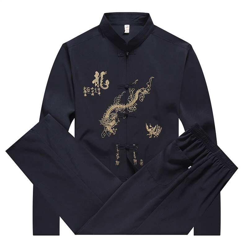 Pánsky Tang kostým s drakom vyšívaným, dlhé rukávy, Taiji štýl, čínsky vietor, 100% polyester, jar–jeseň, voľnočasové oblečenie