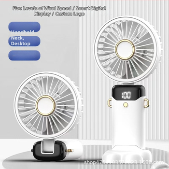 Kokkupandav USB kaela ventilaator bešepetilise mootoriga, 5 labad, 5 kiirust, 800–1000 mAh aku