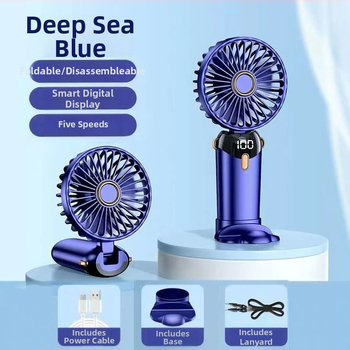 USB ručný mini ventilátor s digitálnym displejom, 5 stupňov rýchlosti, zabudovaná batéria 100–300 mAh, oscilácia hore-dole