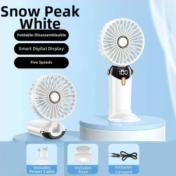 USB ručný mini ventilátor s digitálnym displejom, 5 stupňov rýchlosti, zabudovaná batéria 100–300 mAh, oscilácia hore-dole