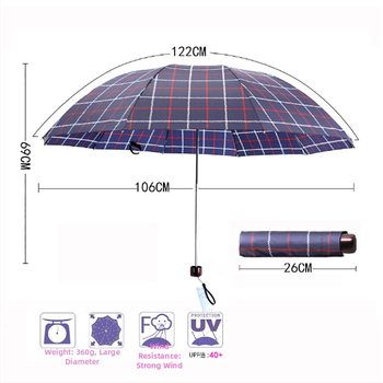 Paradise dáždnik: trojskladaný kockovaný vzor, 10 oceľových lúčov, látka z polyesteru 210T, ručné otváranie, UPF >40