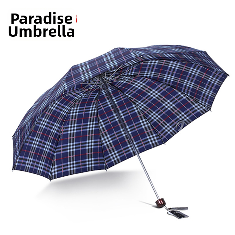 Paradise dáždnik: trojskladaný kockovaný vzor, 10 oceľových lúčov, látka z polyesteru 210T, ručné otváranie, UPF >40