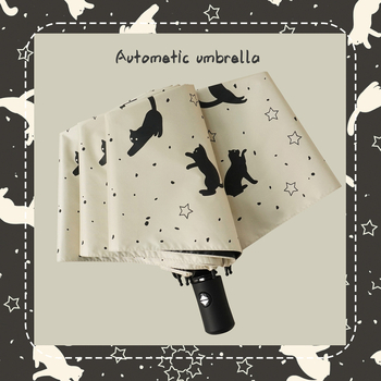 Troj-dielny dážnik na slnko a dažď, mačací vzor, 8 rebier, UPF nad 40, polyester 190T s čiernym povrchom