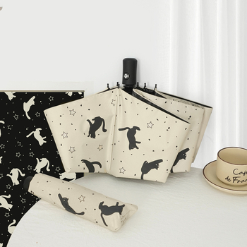 Troj-dielny dážnik na slnko a dažď, mačací vzor, 8 rebier, UPF nad 40, polyester 190T s čiernym povrchom