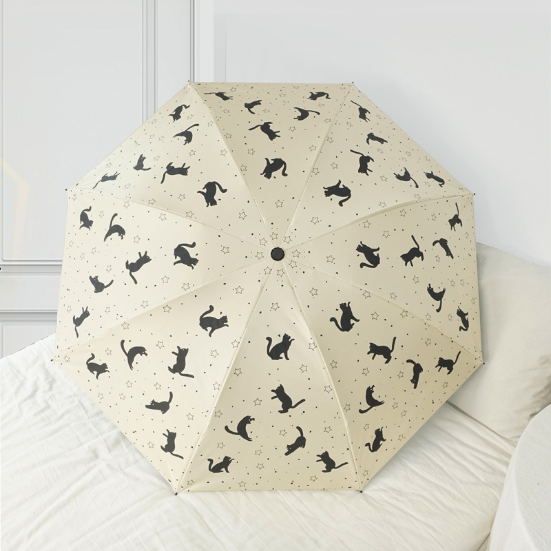 Troj-dielny dážnik na slnko a dažď, mačací vzor, 8 rebier, UPF nad 40, polyester 190T s čiernym povrchom