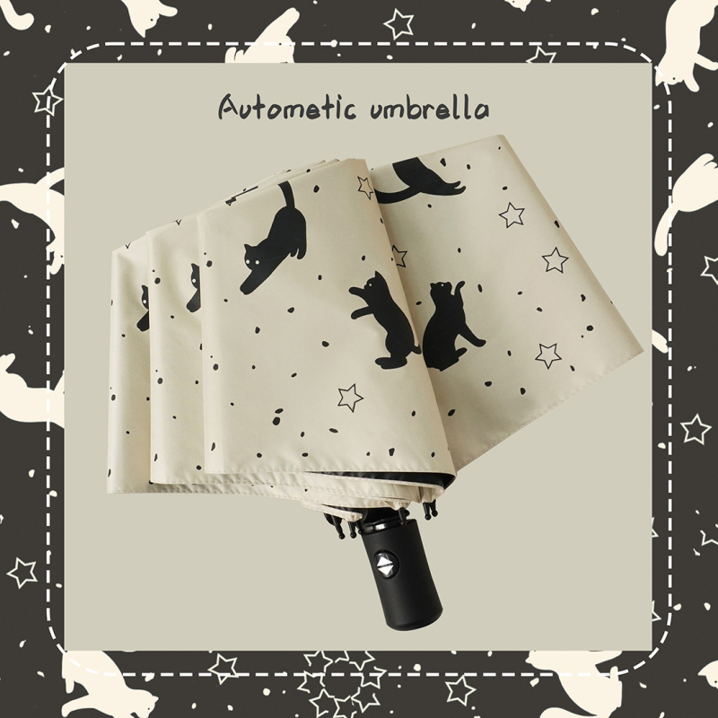 Troj-dielny dážnik na slnko a dažď, mačací vzor, 8 rebier, UPF nad 40, polyester 190T s čiernym povrchom