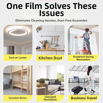 PE film proti prachu pre domáce použitie, maskovacia fólia na nábytok a steny, jednorazový dekoratívny plastový film, séria filmov proti prachu, hrúbka 0,006 mm, papierové jadro, lepidlo na báze horúceho tavenia