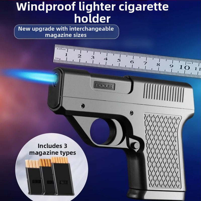 Pištoľovitý vetruodolný obal na cigarety s plastovým telom a zapaľovačom na bután, minimalistický dizajn (200 kusov)