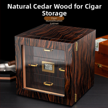 HANNICOOK skriňa na cigarety, z dreva cedru, tri úrovne, priehľadné okienko a vysoký lesklý povrch