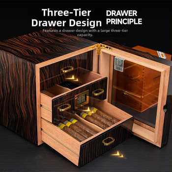 HANNICOOK skriňa na cigarety, z dreva cedru, tri úrovne, priehľadné okienko a vysoký lesklý povrch