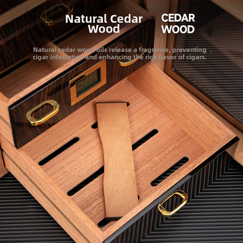 HANNICOOK skriňa na cigarety, z dreva cedru, tri úrovne, priehľadné okienko a vysoký lesklý povrch