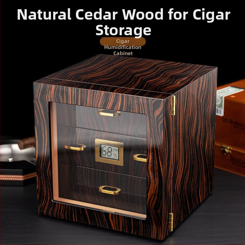 HANNICOOK skriňa na cigarety, z dreva cedru, tri úrovne, priehľadné okienko a vysoký lesklý povrch