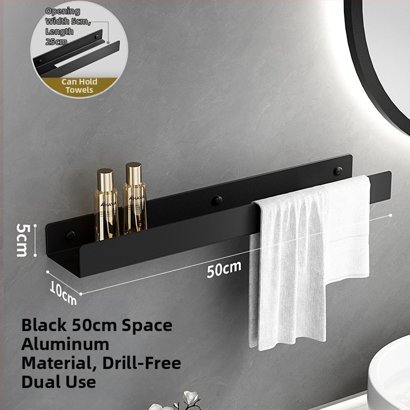 Kúpeľňový nástenný regál s integrovaným zrkadlom a vešiakom na uteráky, hliníková zliatina, povrchová úprava postrekovaním, nosnosť 15 kg, jednoposchodový dizajn, montáž bez vŕtania