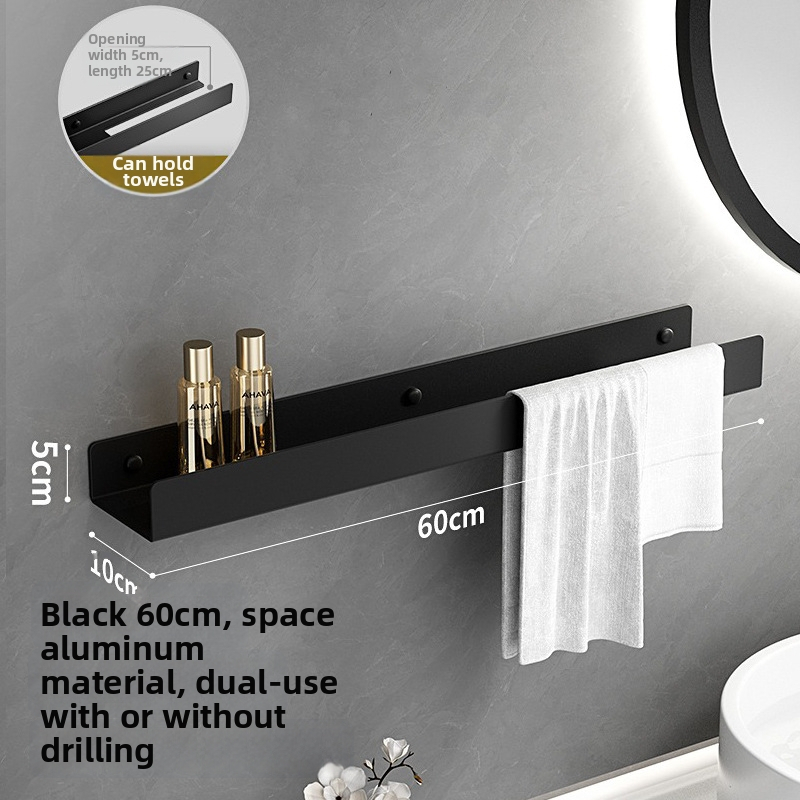 Kúpeľňový nástenný regál s integrovaným zrkadlom a vešiakom na uteráky, hliníková zliatina, povrchová úprava postrekovaním, nosnosť 15 kg, jednoposchodový dizajn, montáž bez vŕtania