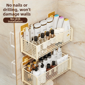 Nástenný regál na skladovanie s visiacim košíkom, bez vŕtania, 1 úroveň, povrchová úprava pečená farba, moderný minimalistický štýl