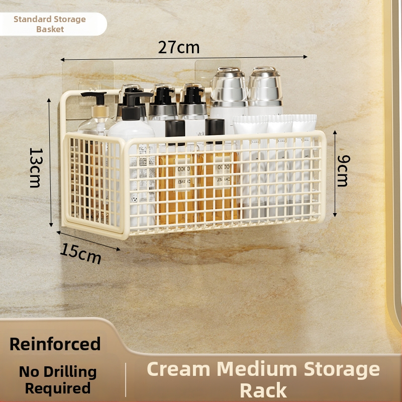 Nástenný regál na skladovanie s visiacim košíkom, bez vŕtania, 1 úroveň, povrchová úprava pečená farba, moderný minimalistický štýl