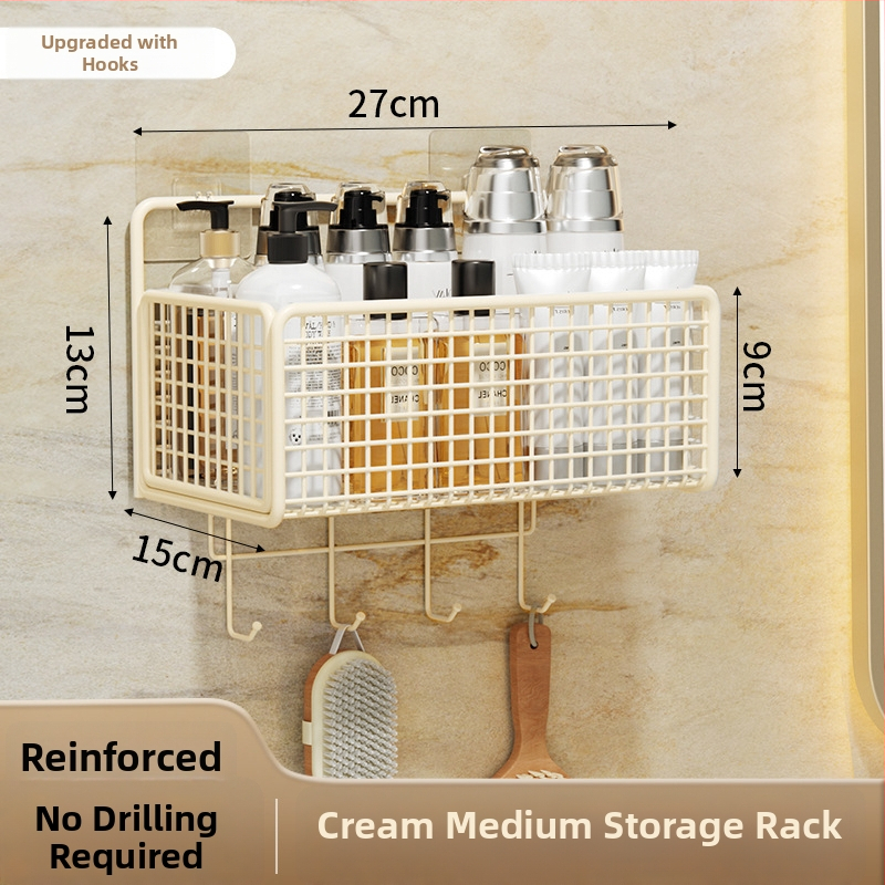 Nástenný regál na skladovanie s visiacim košíkom, bez vŕtania, 1 úroveň, povrchová úprava pečená farba, moderný minimalistický štýl