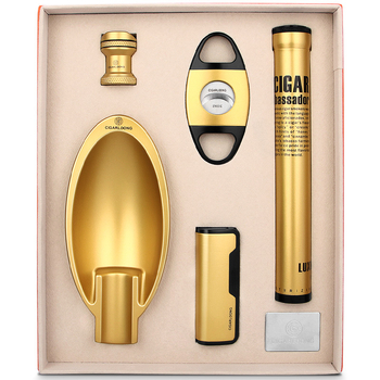 Päťdielny súbor cigarových nástrojov: nožnice na cigary, popolník, zapaľovač, tubus na cigary, držiak cigár; značka CIGARLOONG/eggplant Dragon; štýl 1390