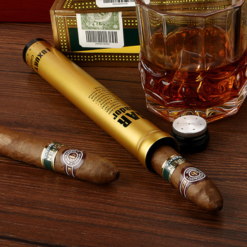 Päťdielny súbor cigarových nástrojov: nožnice na cigary, popolník, zapaľovač, tubus na cigary, držiak cigár; značka CIGARLOONG/eggplant Dragon; štýl 1390