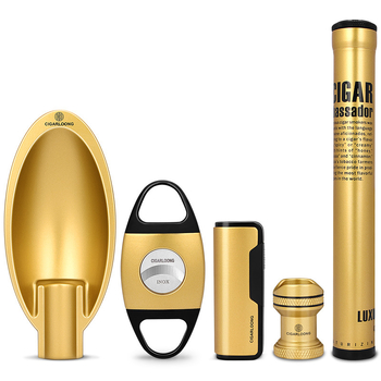 Päťdielny súbor cigarových nástrojov: nožnice na cigary, popolník, zapaľovač, tubus na cigary, držiak cigár; značka CIGARLOONG/eggplant Dragon; štýl 1390