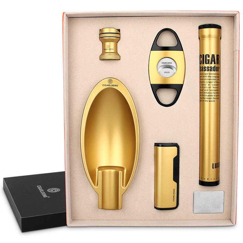 Päťdielny súbor cigarových nástrojov: nožnice na cigary, popolník, zapaľovač, tubus na cigary, držiak cigár; značka CIGARLOONG/eggplant Dragon; štýl 1390