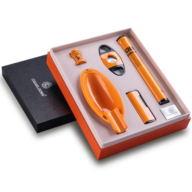 Päťdielny súbor cigarových nástrojov: nožnice na cigary, popolník, zapaľovač, tubus na cigary, držiak cigár; značka CIGARLOONG/eggplant Dragon; štýl 1390