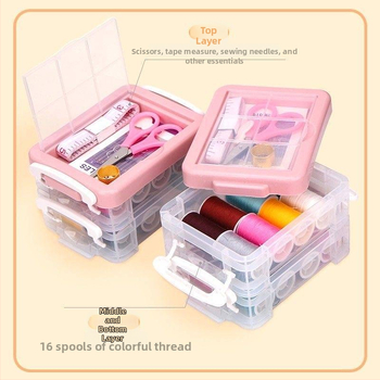 30-osaline õmblustarvikute komplekt kaasaskantavas kolmekorruselises hoiukastis