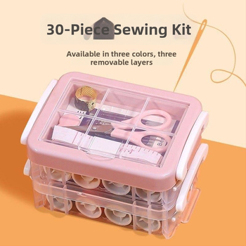 30-osaline õmblustarvikute komplekt kaasaskantavas kolmekorruselises hoiukastis