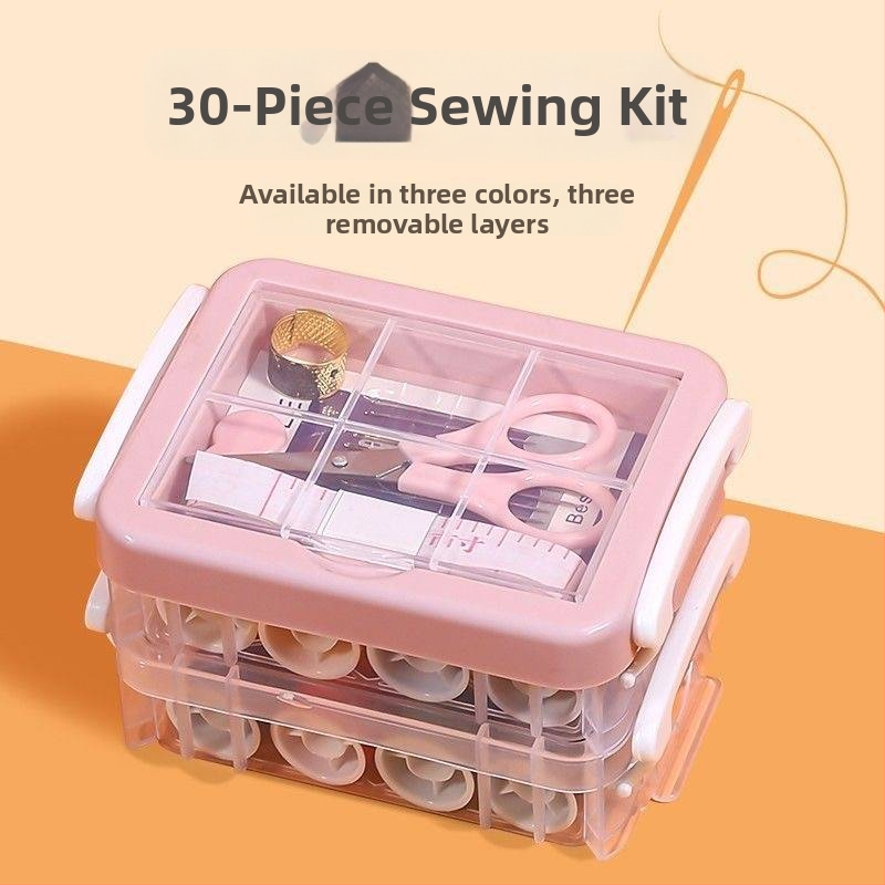 30-osaline õmblustarvikute komplekt kaasaskantavas kolmekorruselises hoiukastis