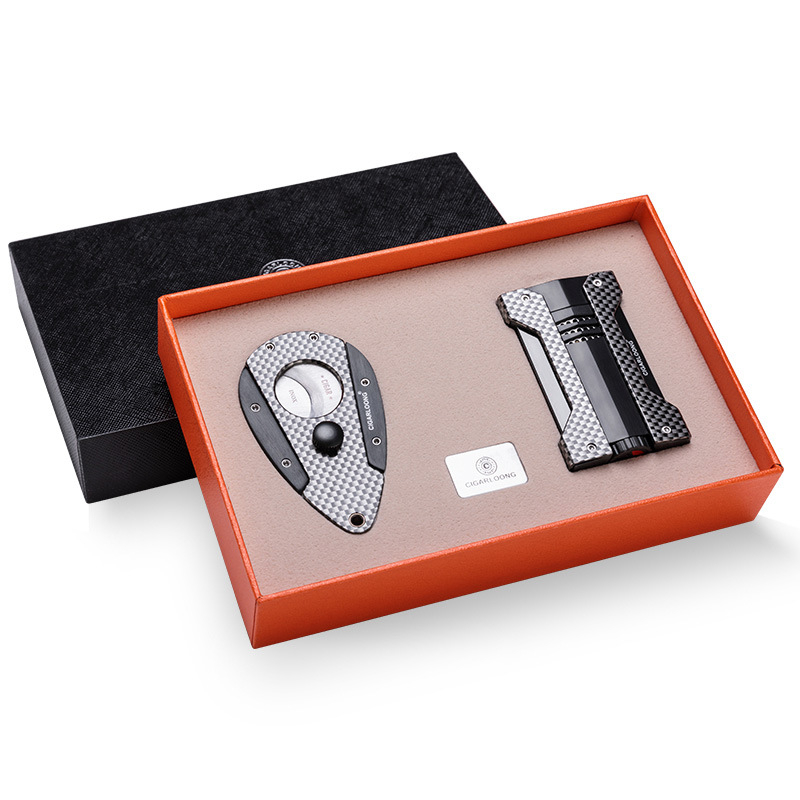 CIGARLOONG Zapaľovač na cigary a nerezové nožnice na cigary – set v darčekovej krabičke, dvojdielny, prispôsobiteľný