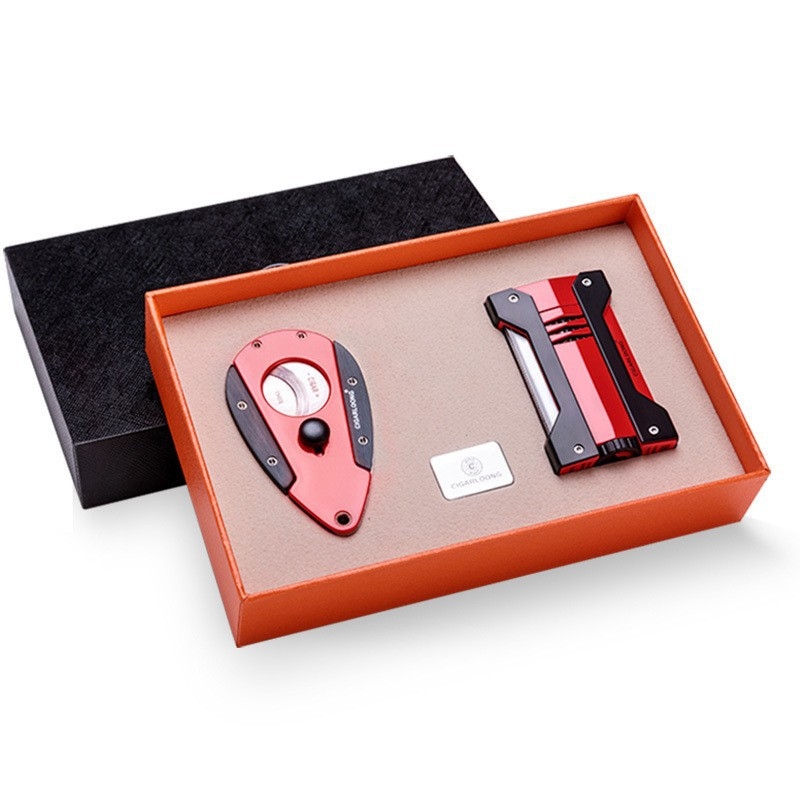 CIGARLOONG Zapaľovač na cigary a nerezové nožnice na cigary – set v darčekovej krabičke, dvojdielny, prispôsobiteľný