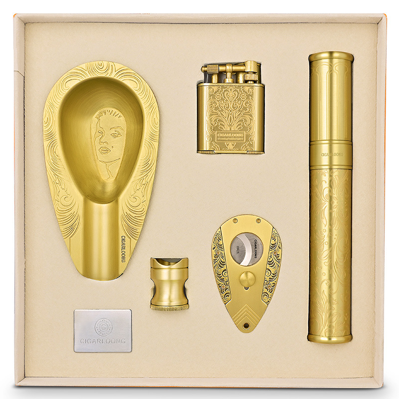 Päťdielny set cigarových doplnkov od CIGARLOONG/eggplant Dragon, obsahuje popolník, nožnice na cigary, zapaľovač a tubu na cigary