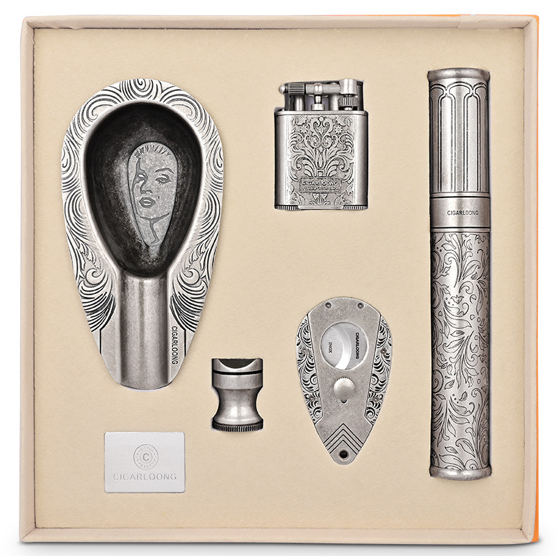Päťdielny set cigarových doplnkov od CIGARLOONG/eggplant Dragon, obsahuje popolník, nožnice na cigary, zapaľovač a tubu na cigary