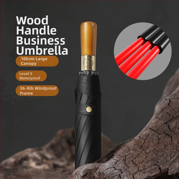 Slnečný dáždnik s automatickým otvorením, rukoväť z masívneho dreva, látka 190T odolná voči nárazom, UV ochrana UPF>30, oceľová tyč