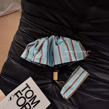 Dlhá rúčka dáždnika, vintage prúžkovaný dizajn, dámsky na slnko i dažď, kompaktný, automatické otvorenie, 190T látka, UPF>50