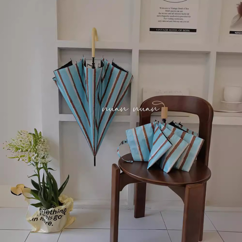 Dlhá rúčka dáždnika, vintage prúžkovaný dizajn, dámsky na slnko i dažď, kompaktný, automatické otvorenie, 190T látka, UPF>50