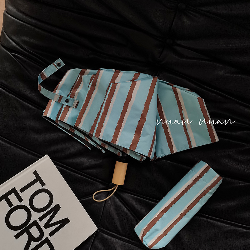 Dlhá rúčka dáždnika, vintage prúžkovaný dizajn, dámsky na slnko i dažď, kompaktný, automatické otvorenie, 190T látka, UPF>50