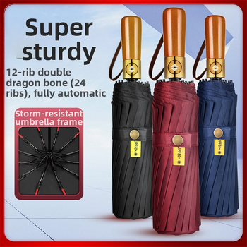 Skladaný dáždnik s drevenou rukoväťou, 24 výstuží, automatické otvorenie a zatvorenie, možnosť potlače loga, UV ochrana UPF50+