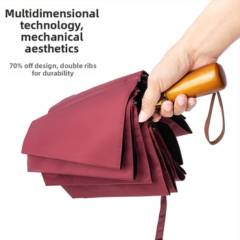 Skladaný dáždnik s drevenou rukoväťou, 24 výstuží, automatické otvorenie a zatvorenie, možnosť potlače loga, UV ochrana UPF50+