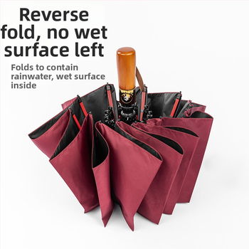 Skladaný dáždnik s drevenou rukoväťou, 24 výstuží, automatické otvorenie a zatvorenie, možnosť potlače loga, UV ochrana UPF50+