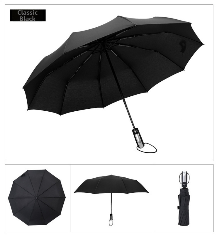 Automatický 10-rebrový skladací dáždnik, trojoddielový, vetru odolný, s reklamnou logom