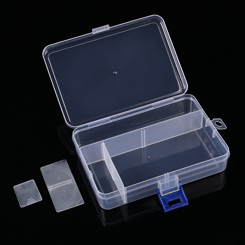 Stolová úložná krabička s odnímateľnými priečkami a krytom z priehľadného PP plastu; ideálna pre kancelárske potreby, kozmetiku, lieky, hračky a káble.