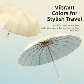 Retro skladací dáždnik so 16 kosťami, 190T polyester, hriadeľ zliatina, rukoväť z masívneho dreva, UV ochrana UPF>50