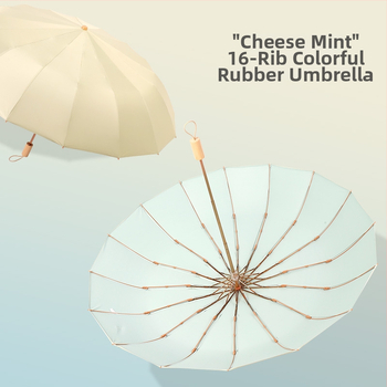 Retro skladací dáždnik so 16 kosťami, 190T polyester, hriadeľ zliatina, rukoväť z masívneho dreva, UV ochrana UPF>50