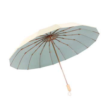Retro skladací dáždnik so 16 kosťami, 190T polyester, hriadeľ zliatina, rukoväť z masívneho dreva, UV ochrana UPF>50