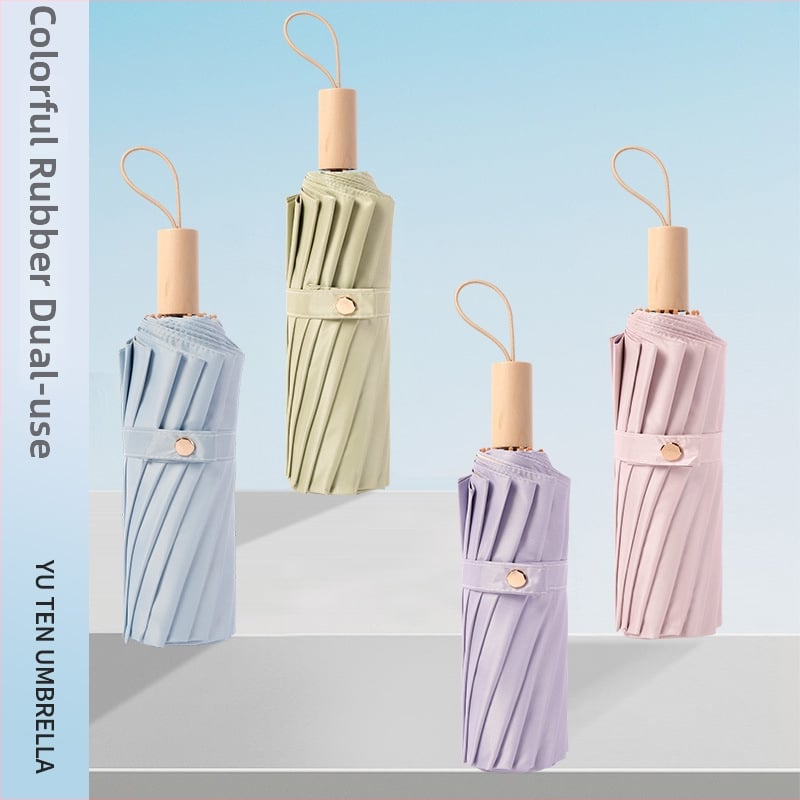 Retro skladací dáždnik so 16 kosťami, 190T polyester, hriadeľ zliatina, rukoväť z masívneho dreva, UV ochrana UPF>50