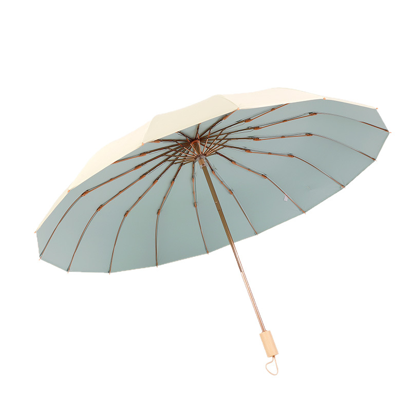Retro skladací dáždnik so 16 kosťami, 190T polyester, hriadeľ zliatina, rukoväť z masívneho dreva, UV ochrana UPF>50