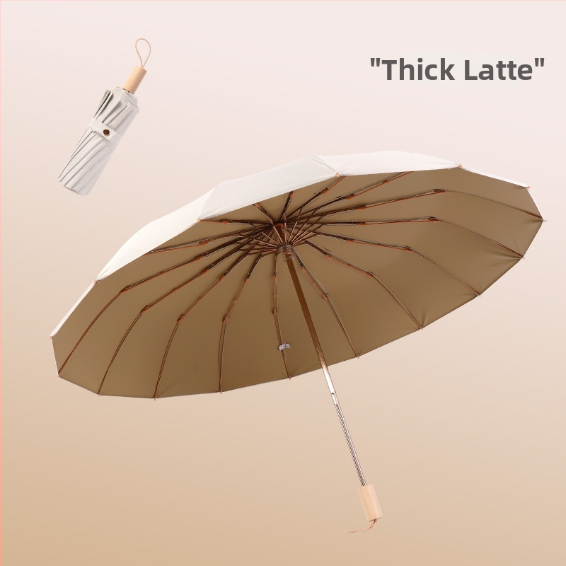 Retro skladací dáždnik so 16 kosťami, 190T polyester, hriadeľ zliatina, rukoväť z masívneho dreva, UV ochrana UPF>50