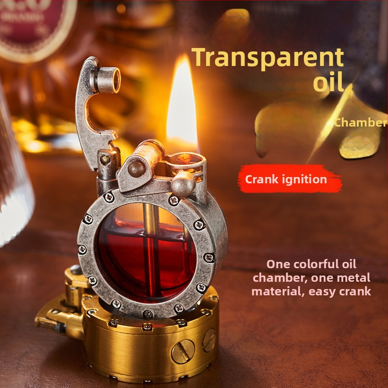 Kovový kerosénový zapaľovač s retro dizajnom rocker ramena, vetruodolný, s logom, zbierateľný